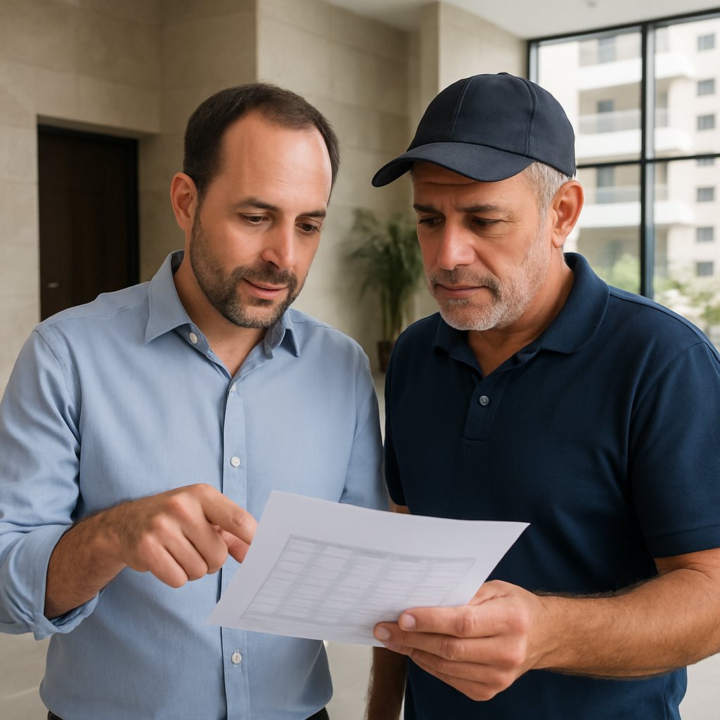 נציג ועד בית בוחן הצעת מחיר לניקיון מול מנהל חברת ניקיון