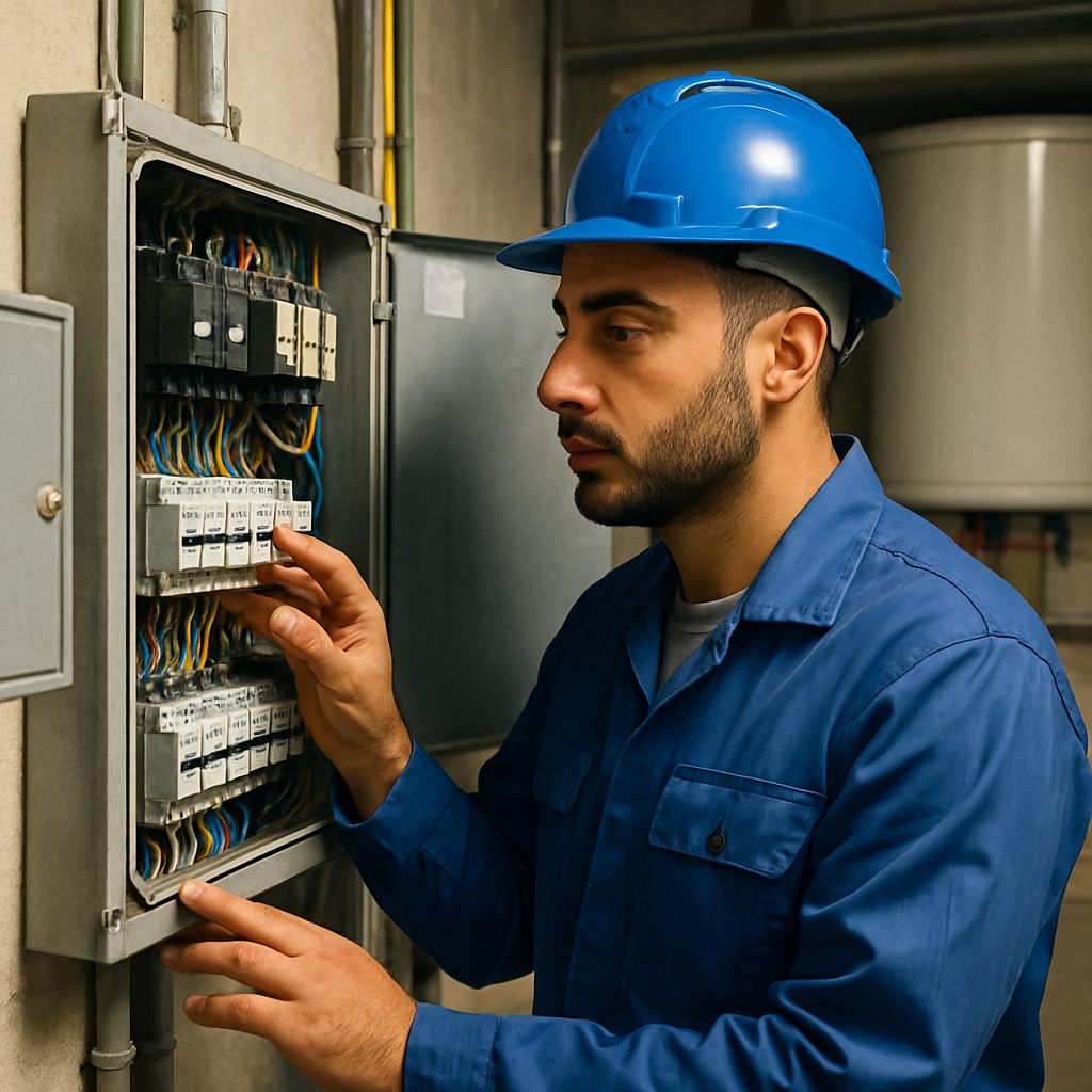 טכנאי תחזוקה בודק מערכת בחדר שירות בבניין מגורים